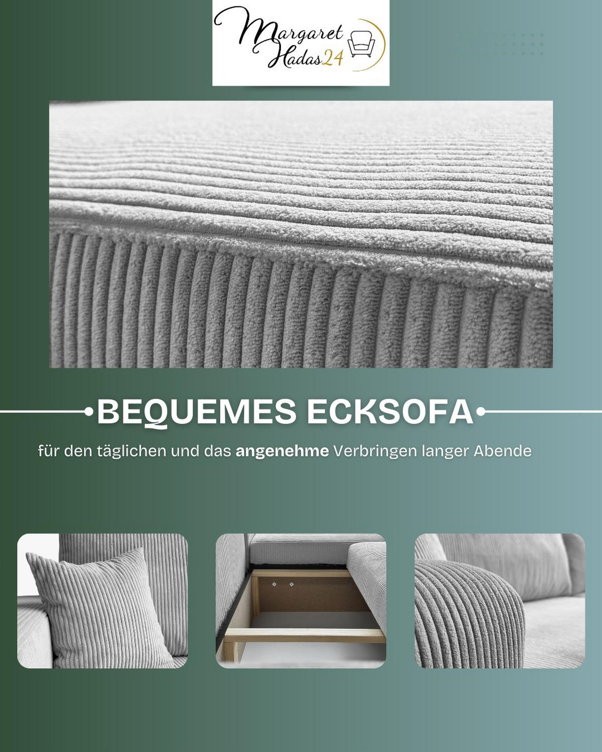 ECKSOFA Sofia in L-Form 277 x 143 cm Schlaffunktion Bettkasten Couch Cord universale Seite, hellgrau - Hellgrau, Kunststoff (143/83/277cm) - Margaret Hadas24