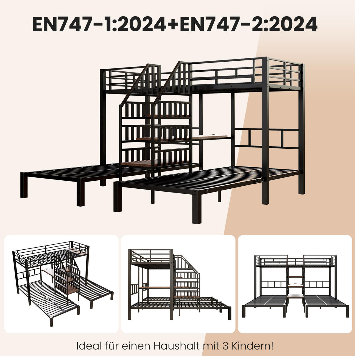 ETAGENBETT 90/200 cm mit LED-Beleuchtung, Schreibtisch, Stauraumtreppe, USB und Steckdose, Metall/MDF, Schwarz - Schwarz, Metall (90/200cm) - Redom