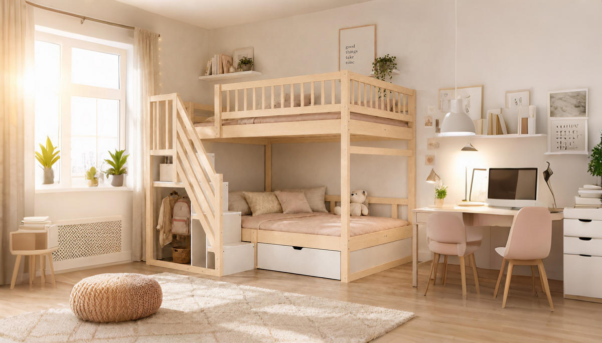 ETAGENBETT 140/200 cm in Holzfarben mit Stauraum, Schubladen und Sicherheitsleiter aus Massivholz - Naturfarben, Holz/Holzwerkstoff (140/200cm) - CHICFURN
