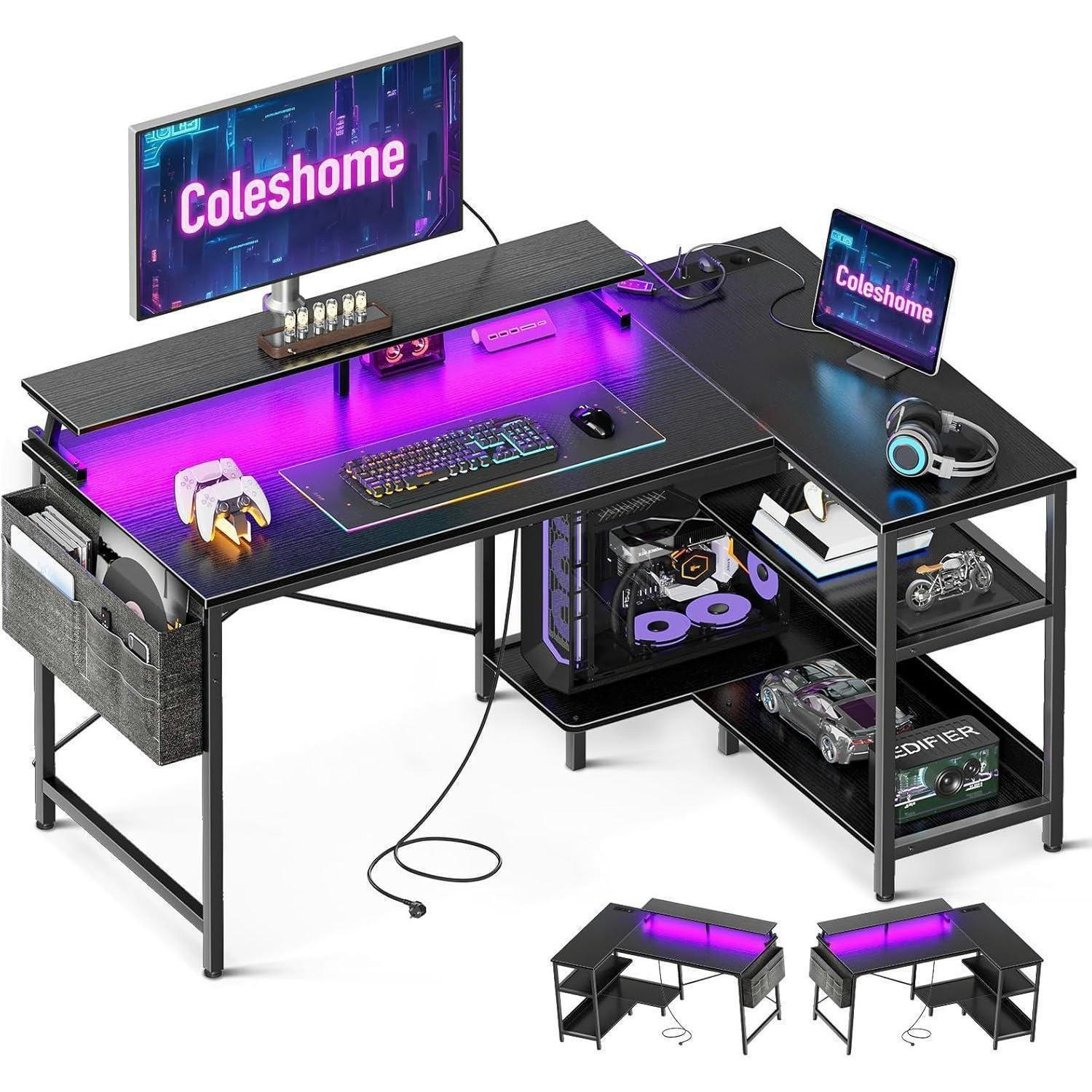 SCHREIBTISCH L-Form mit LED und Steckdosen 120 x 80 cm Schwarz - Schwarz, Metall (80/120/87.7cm)