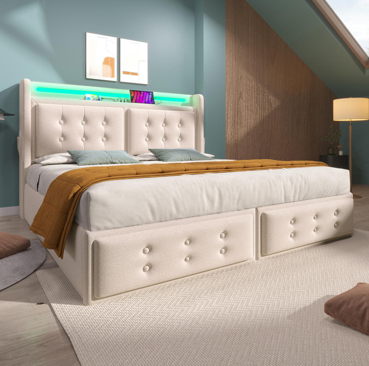 POLSTERBETT 180/200 cm in Beige mit LED-Beleuchtung und USB- und Type-C-Anschlüssen - Beige, Textil (180/200cm) - Flora Grace