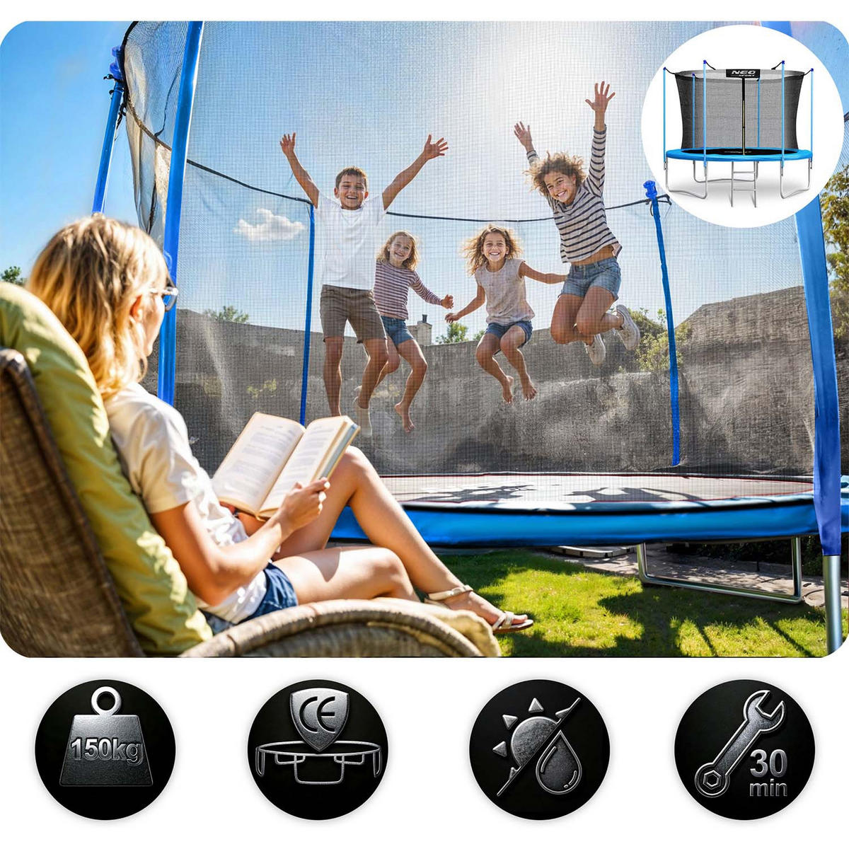 GARTENTRAMPOLIN 10 ft/312 cm mit Innengitter und Leiter - Blau, Metall (312/312cm)