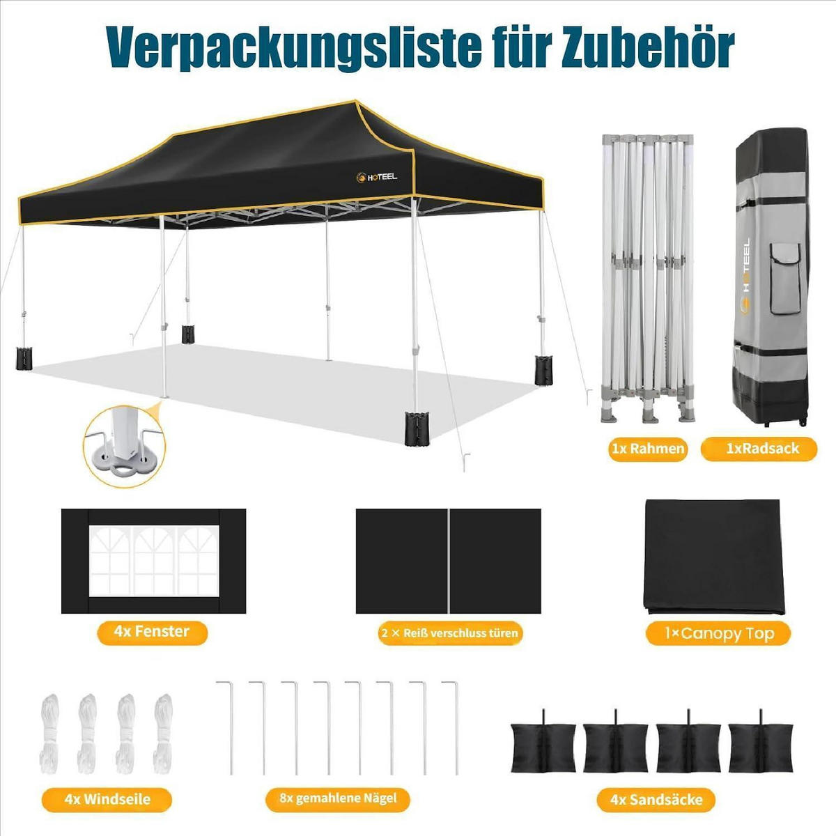 FALTPAVILLON 3x6m Schwarz Wasserdicht Stabil Winterfest Sechskant-Gestell 6 Seitenteile - Schwarz, Textil (300/320/600cm)