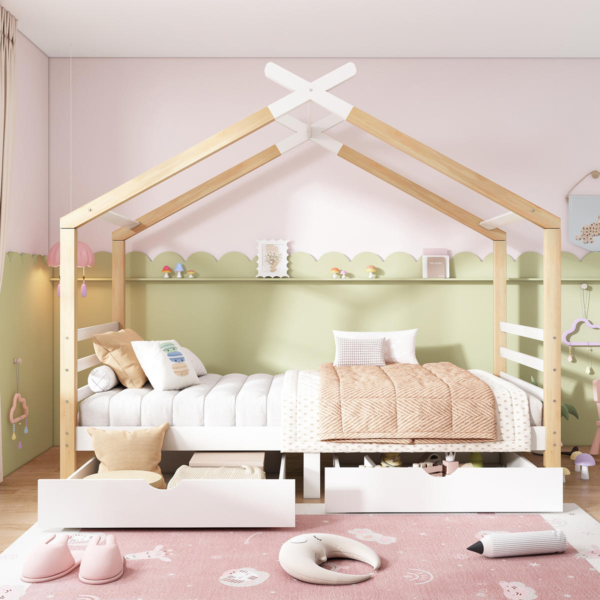 KINDERBETT 90/200 mit Schubladen, Lattenrost und Hausdesign - Weiß, Holzwerkstoff (90/200cm) - EVRYAE