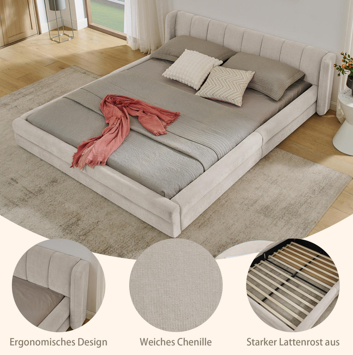 POLSTERBETT 160/200 cm mit ergonomischem Kopfteil und Chenillebezug, Beige - Beige, Kunststoff (160/200cm) - Redom