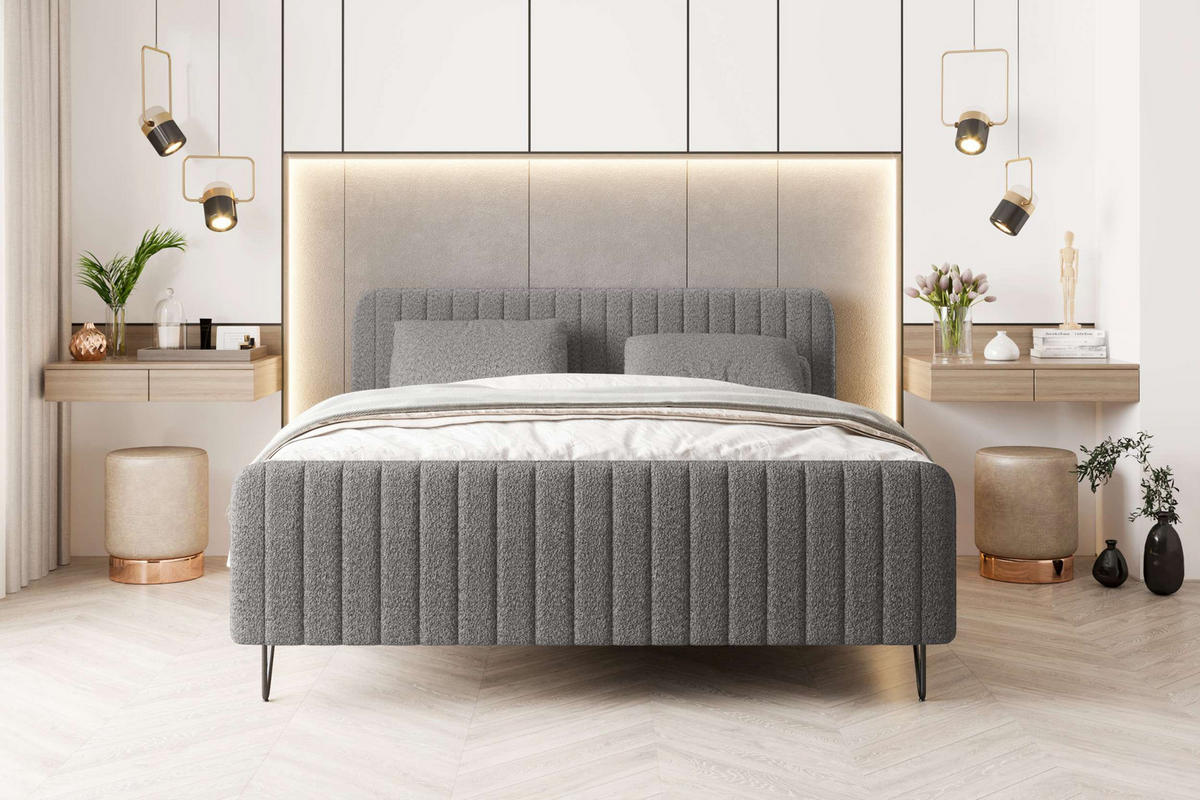BOXSPRINGBETT LUCIO Bouclé-Stoff Grau 180/200 cm - Schwarz/Grau, Textil/Metall (180/200cm) - 99rooms