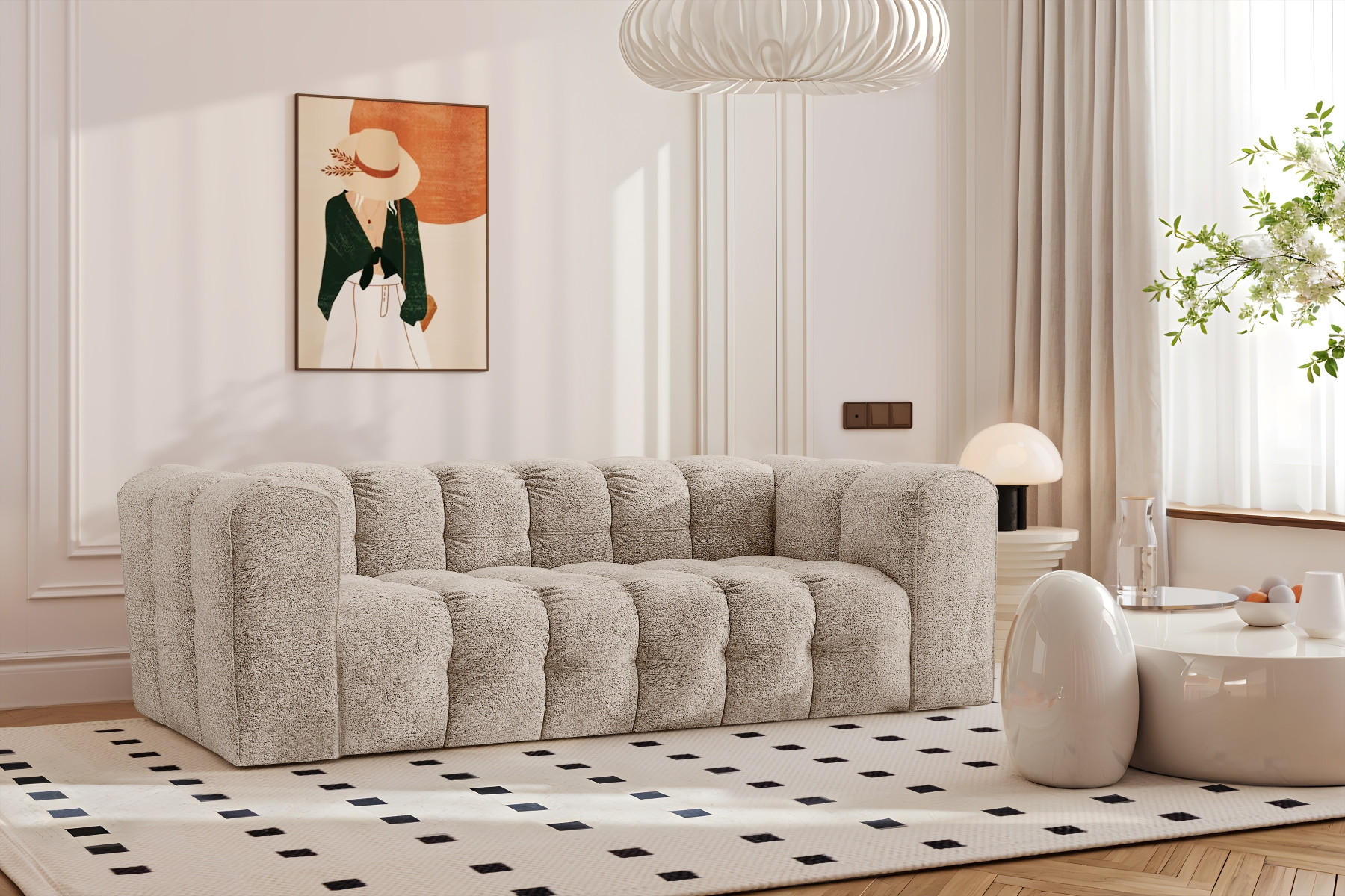 SOFA 3-Sitzer, Komfort, BALOO, Stoff Schenille & Bouclé, Beige - Beige, Holz (222/75/106cm) - Kaiser Möbel