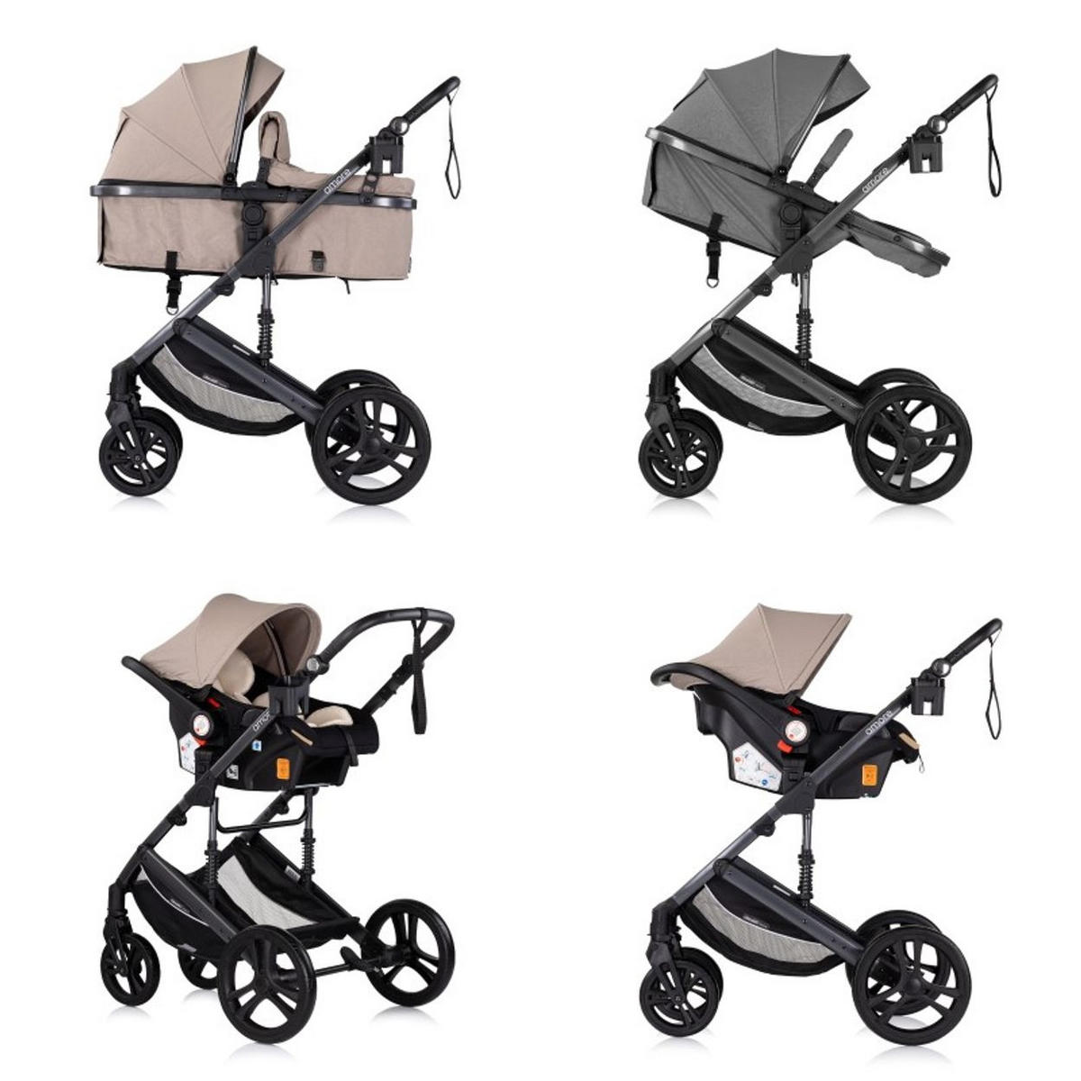 KOMBIKINDERWAGEN Amore 3 in 1 hellbraun Babyschale Adapter Wickeltasche Fußabdeckung - Beige, Metall (95/63/105cm) - Chipolino