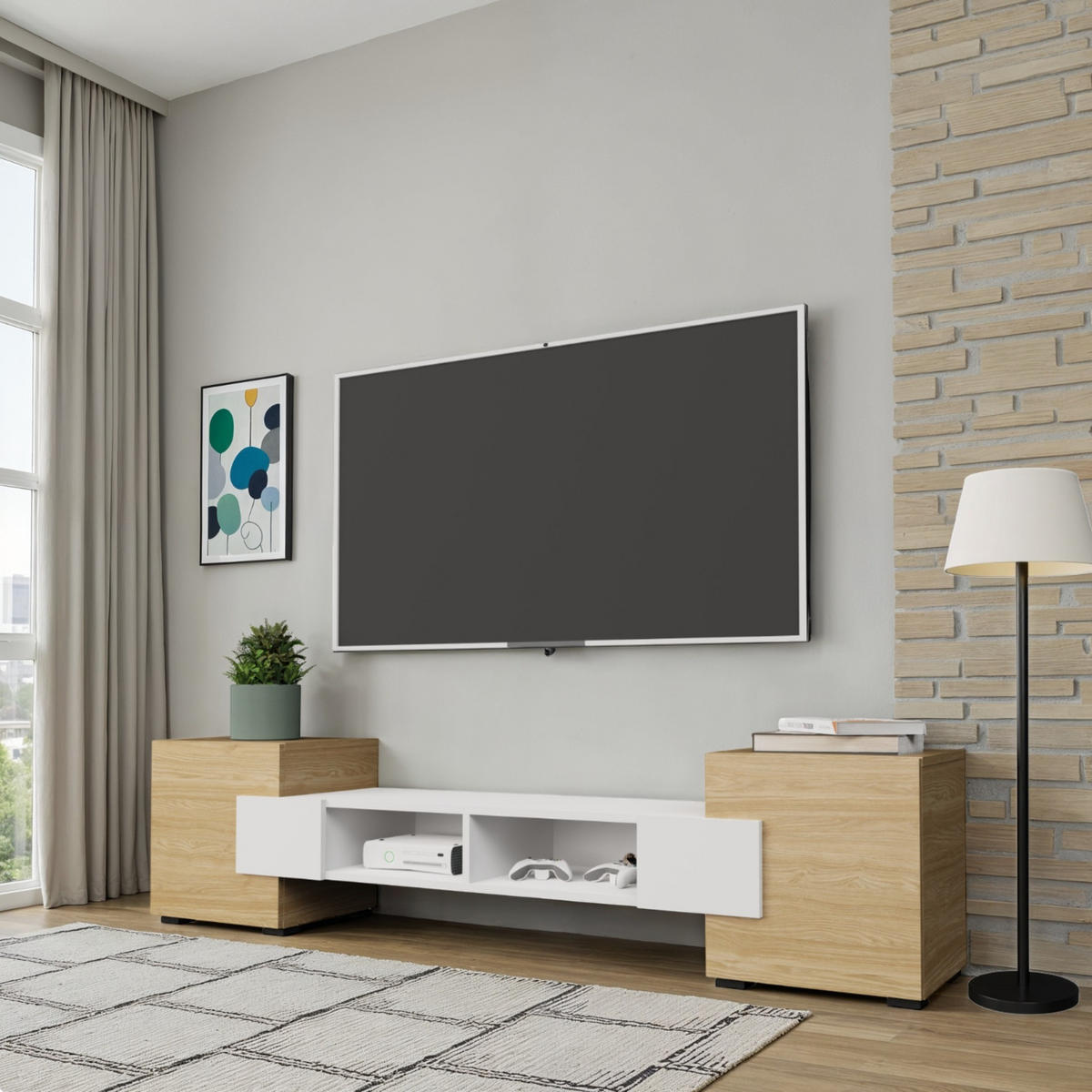 LOWBOARD TV TORINO Hängend + Stehend, Mattes Finish, Arktisches Weiß, Ölbehandelt Eiche - Eichefarben/Weiß, Holzwerkstoff/Kunststoff (181/40/35cm) - Komodee