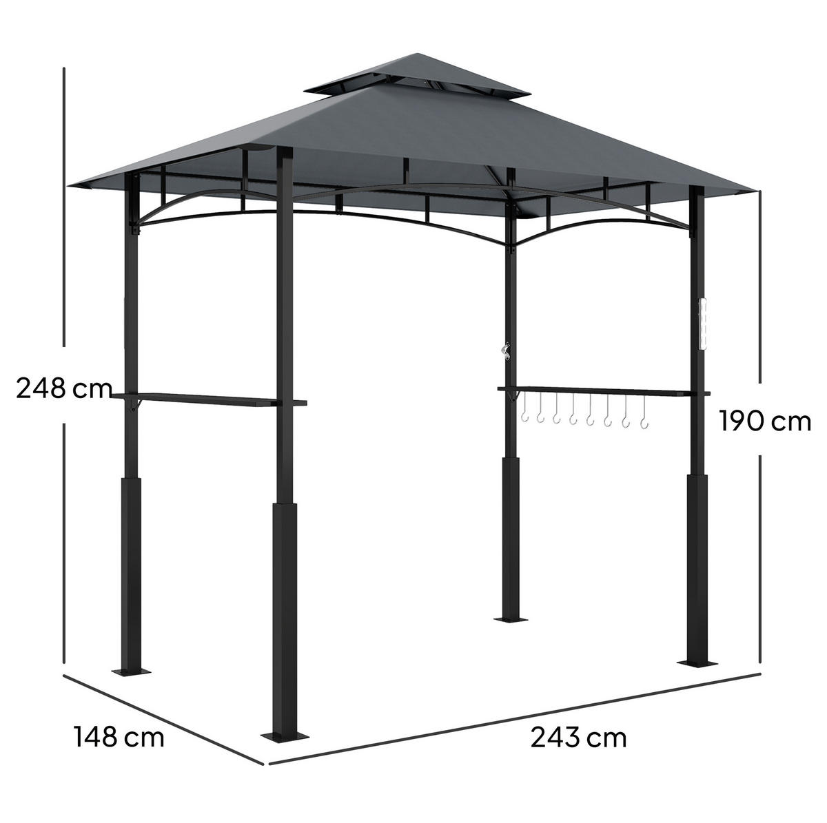 GRILOVACÍ altán 243/148/248 cm s LED světlem, dvojitou stříškou a bočními policemi, tmavě šedá - tmavě šedá, kov (243/248/148cm) - Redom