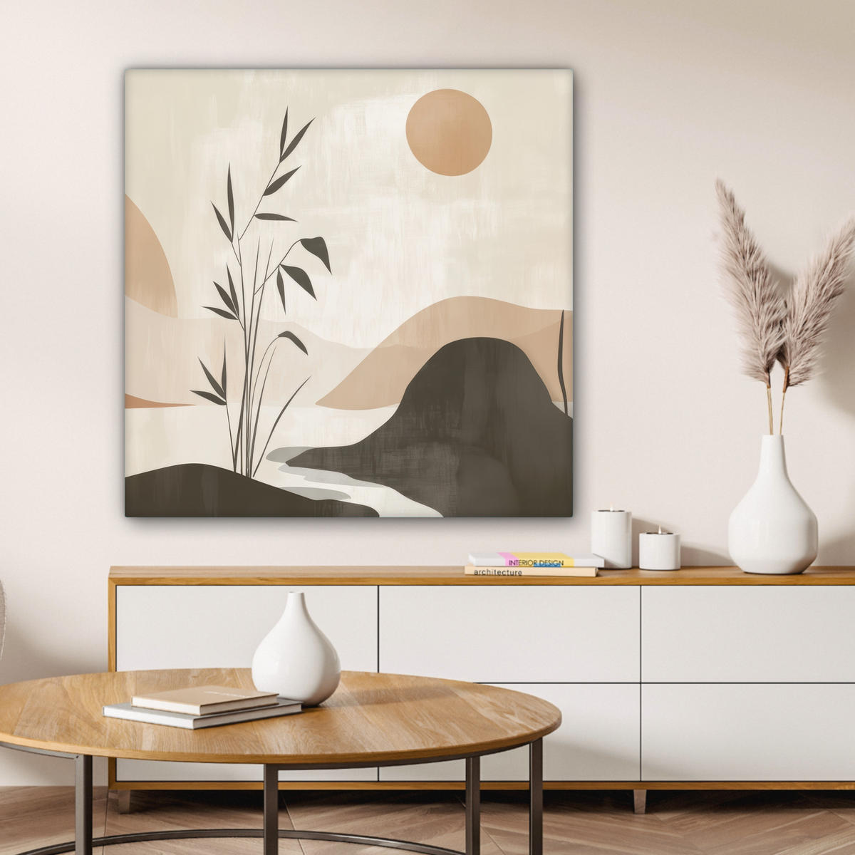 LEINWANDBILD Japandi - Landschaft - Beige 90x90 cm - Cognac, Textil (90/90cm) - MuchoWow