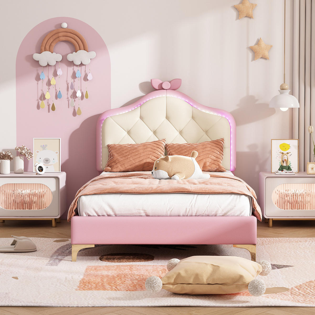 KINDEREINZELBETTEN aus Kunststoff 90x200 cm in Rosa/Weiß mit LED-Beleuchtung - Weiß, Kunststoff (90/200cm) - Modfu