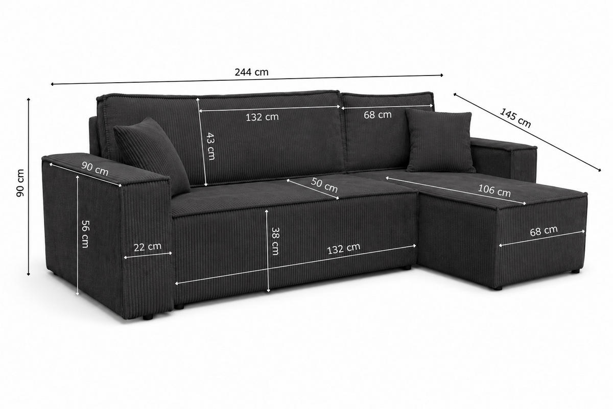 ECKSOFA KARL L mit Stauraum und Bettkasten, Graphite - Graphitfarben, Textil (244/145cm) - KS Home Concept