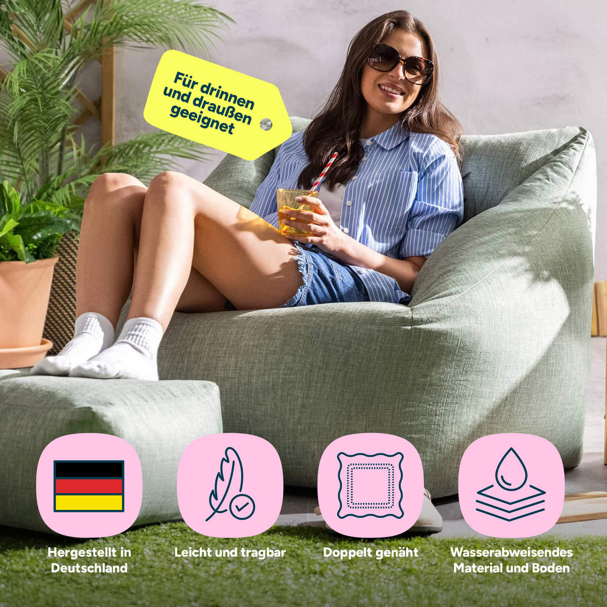 SITZSACK Sessel Outdoor mit Hocker Natalia - Salbeigrün, Textil (97/73/84cm) - icon