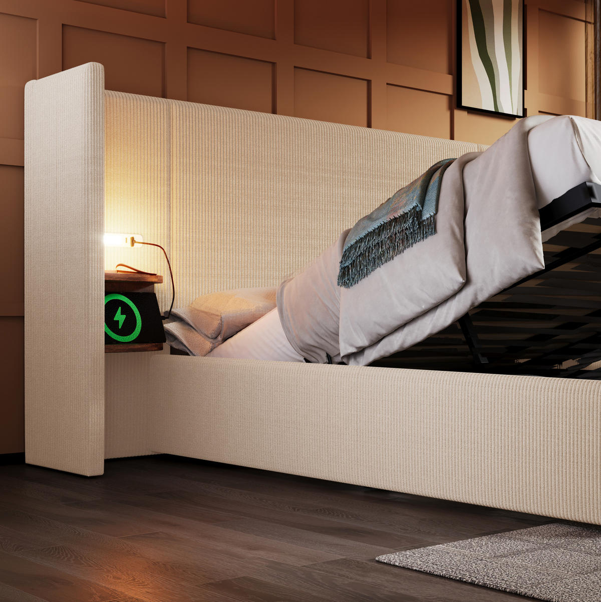 ČALÚNENÁ posteľ 180/200 cm s nočným panelom, LED čítacou lampou a USB/Type-C nabíjaním, úložný priestor, Beige-Weiß - béžová, textil (180/200cm) - Redom