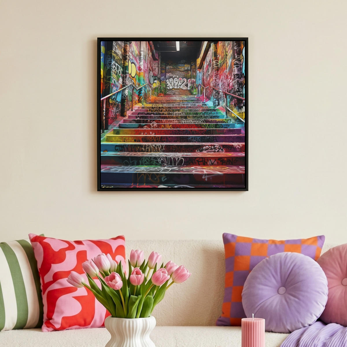 LEINWAND Bilder mit Rahmen - Treppe - Graffiti - Farben - Kunst - 50x50 - Multicolor, Textil (50/50cm) - MuchoWow