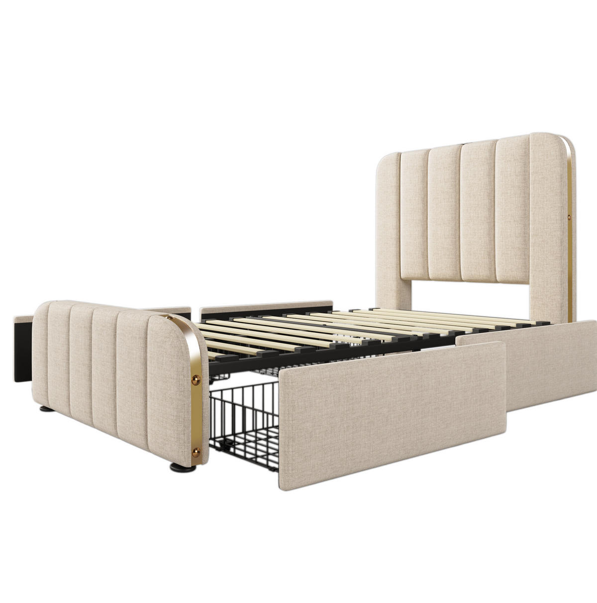 POLSTERBETT mit 4 Schubladen 90x200 cm Leinen Beige inkl. Matratze - Beige, Metall (90/200cm) - Meubliv