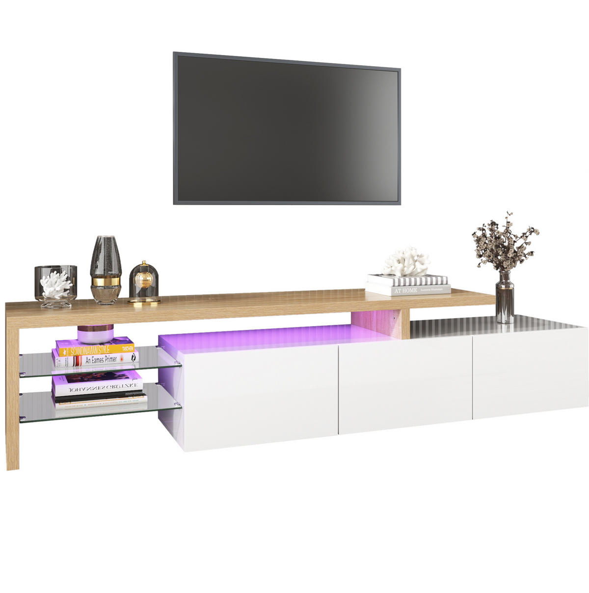 LOWBOARD 197,5/39/42 cm in Weiß/Natur mit LED-Beleuchtung und Glasböden - Weiß, Holzwerkstoff (197.5/42/39cm) - Flora Grace