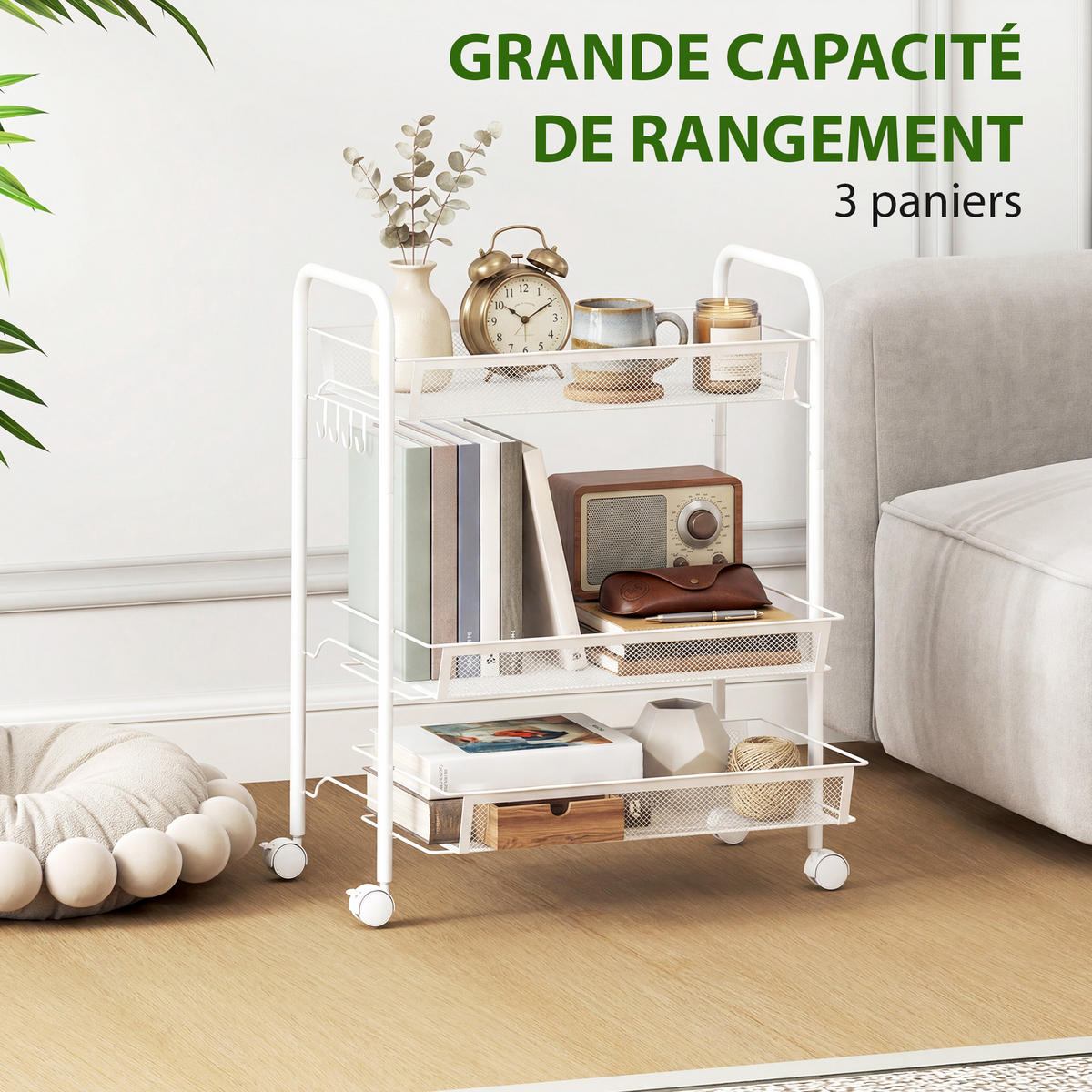 SERVIERWAGEN DE-12537 3 abnehmbare Körbe mit 4 Haken 45/26,5/63 cm Weiß - Weiß, Metall (26.5/63/45cm) - ComfortXL