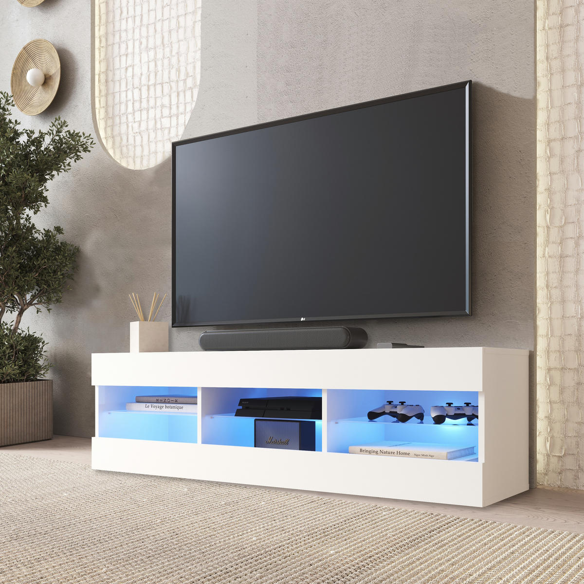 LOWBOARD TIVOLI RTV 140, Weiss, LED Blau - Weiß, Glas/Holzwerkstoff (140/40.5/35.5cm) - Komodee