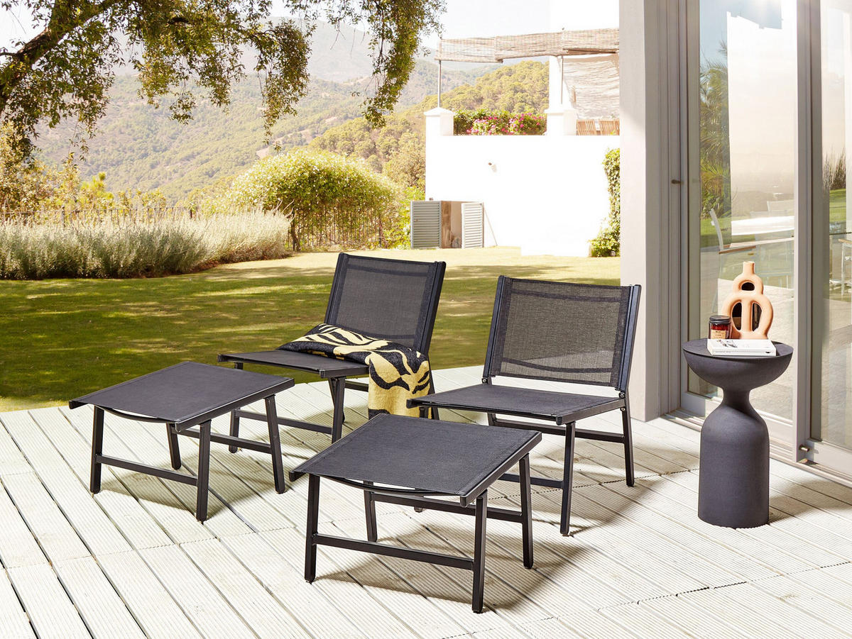 GARTENSTUHL 2er-SET Aluminium schwarz mit Fußhocker Marceddi - Schwarz, Textil (54/70/60cm) - Beliani