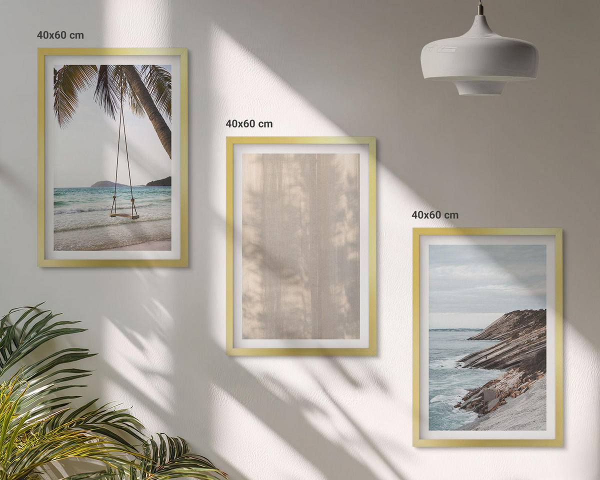 WANDBILDER 3er Set - 40x60 cm Goldrahmen - Sommerlicher Sandstrand mit Meerblick - Goldfarben, Kunststoff (40/60cm) - ArtPrintCave