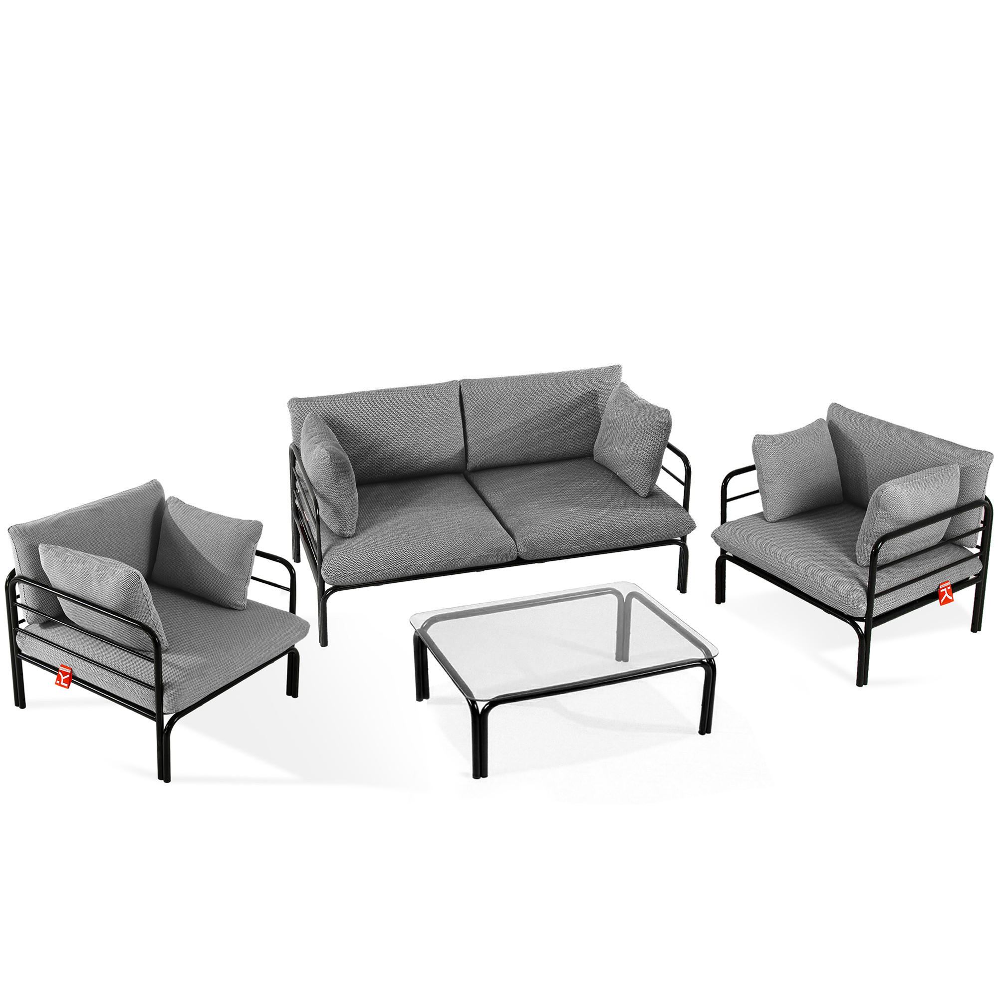 GARTENMÖBELSET RAMBE 4-tlg. 1x Tisch 2x Sessel 1x Sofa 2-Sitzer, mit Kissen, LOFT-STIL, Anthrazit - Anthrazit/Schwarz, Glas/Textil - KONSIMO®