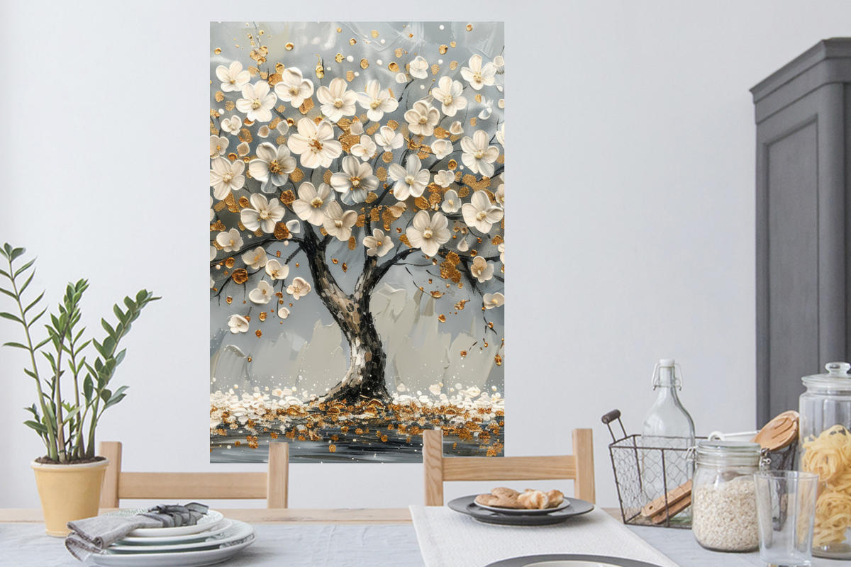 WANDTATTOO Baum - Blumen - Weiß - Natur - Kunst 80x120 cm - Weiß, Kunststoff (80/120/0.1cm) - MuchoWow