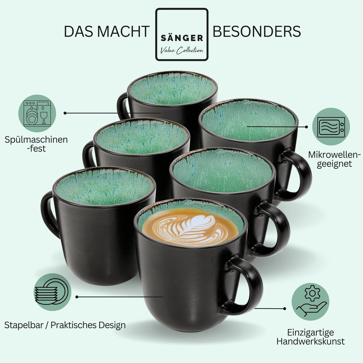 KAFFEEBECHER SET FIJI - 6 teilig aus Steingut - Grün, Keramik (0.43L) - Sänger