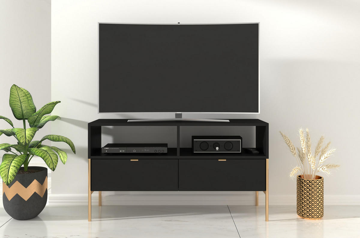 LOWBOARD Polka, Schwarz, Goldene Details - Goldfarben/Schwarz, Holzwerkstoff/Metall (120/65/37cm) - Skandica