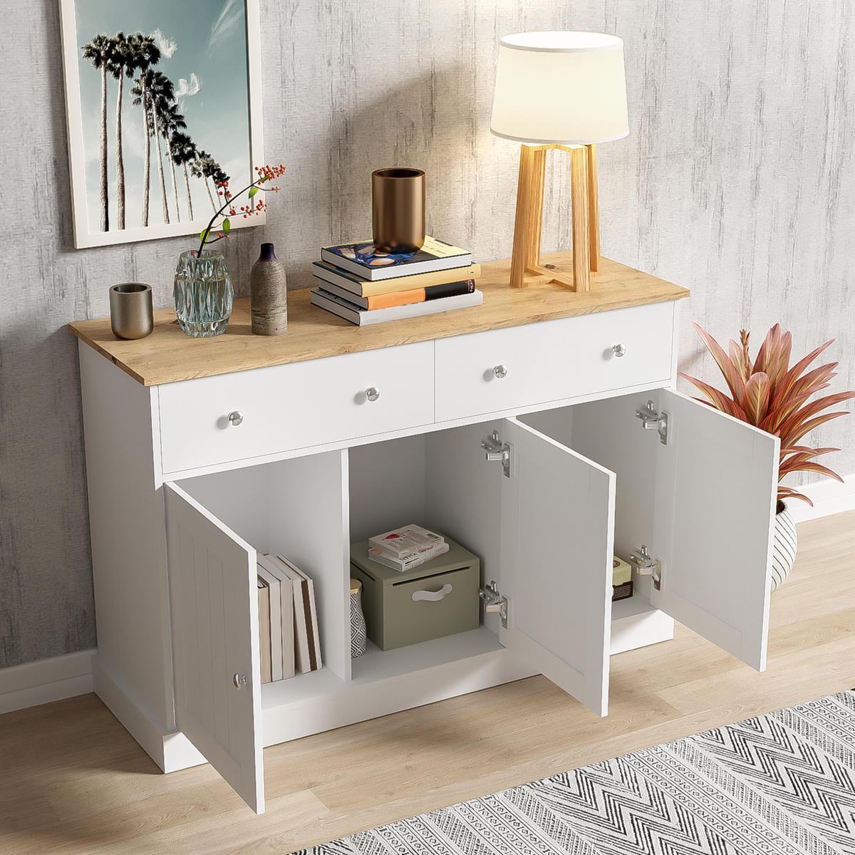 SIDEBOARD 120/36/80,5 cm Weiß/Holzfarbe aus Spanplatte mit 3 Türen - Weiß, Holzwerkstoff (120/80.5/36cm) - OKWISH