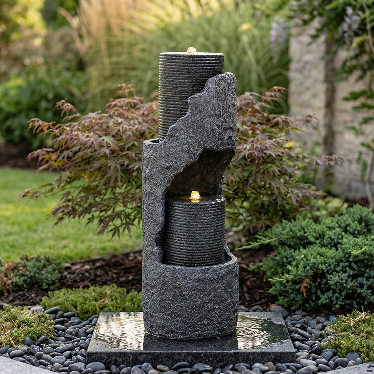 GARTENBRUNNEN, LED-Beleuchtung, Kunststein, Wasserspiel, Grau - Grau, Naturmaterialien (34.5/34.5/100.5cm) - FLIEKS