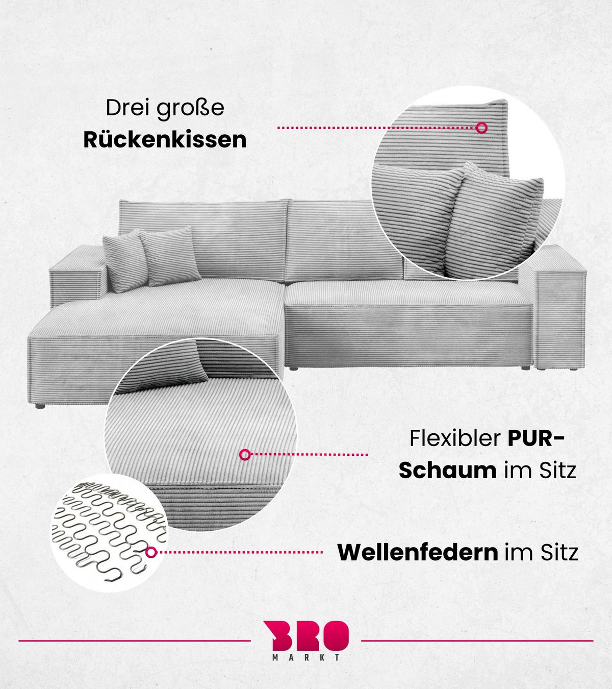 ECKSOFA Pablo mit Schlaffunktion Hellgrau Cord - Hellgrau, Textil (294/185cm) - Bromarkt