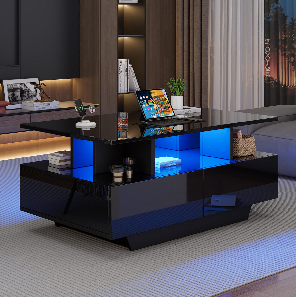 COUCHTISCH mit 2 Schubladen 90x55x41 cm Hochglanz Schwarz mit LED - Schwarz, Holzwerkstoff (90/55/41cm) - Meubliv