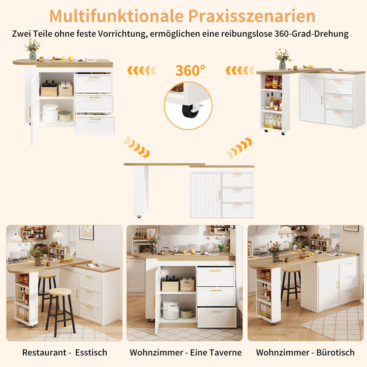 BARTISCH 128-203/39/90 cm mit 360°-Drehfunktion, 3 Schubladen und verstellbaren Regalböden, MDF/Metall, Weiß - Weiß, Holzwerkstoff (39/203/90cm) - Redom