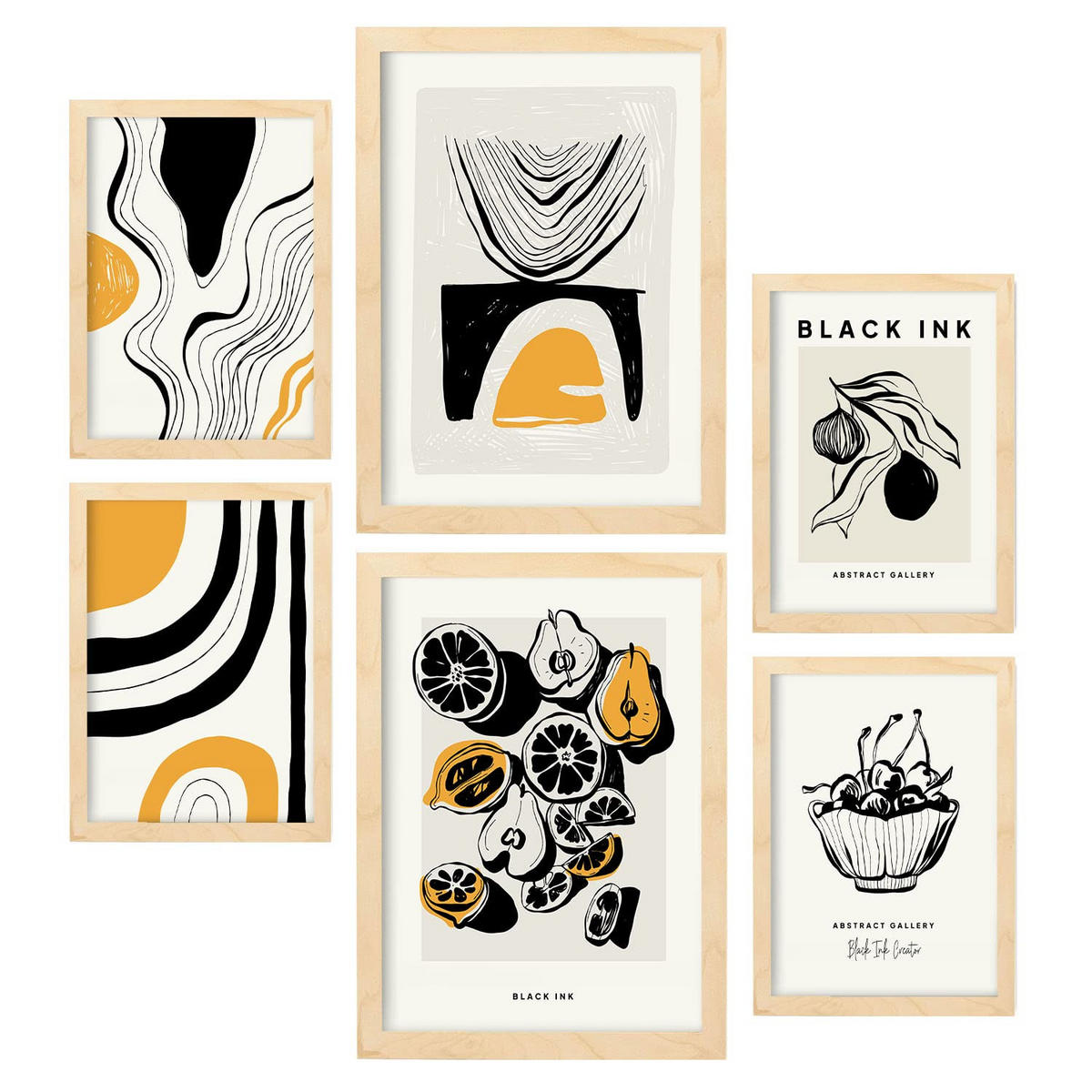 POSTER Set Mit 6 Schwarze Tintenfrüchte Größe A3 & A4 Rahmen aus hellem Holz - Beige, Papier (29.7/1cm) - Nacnic