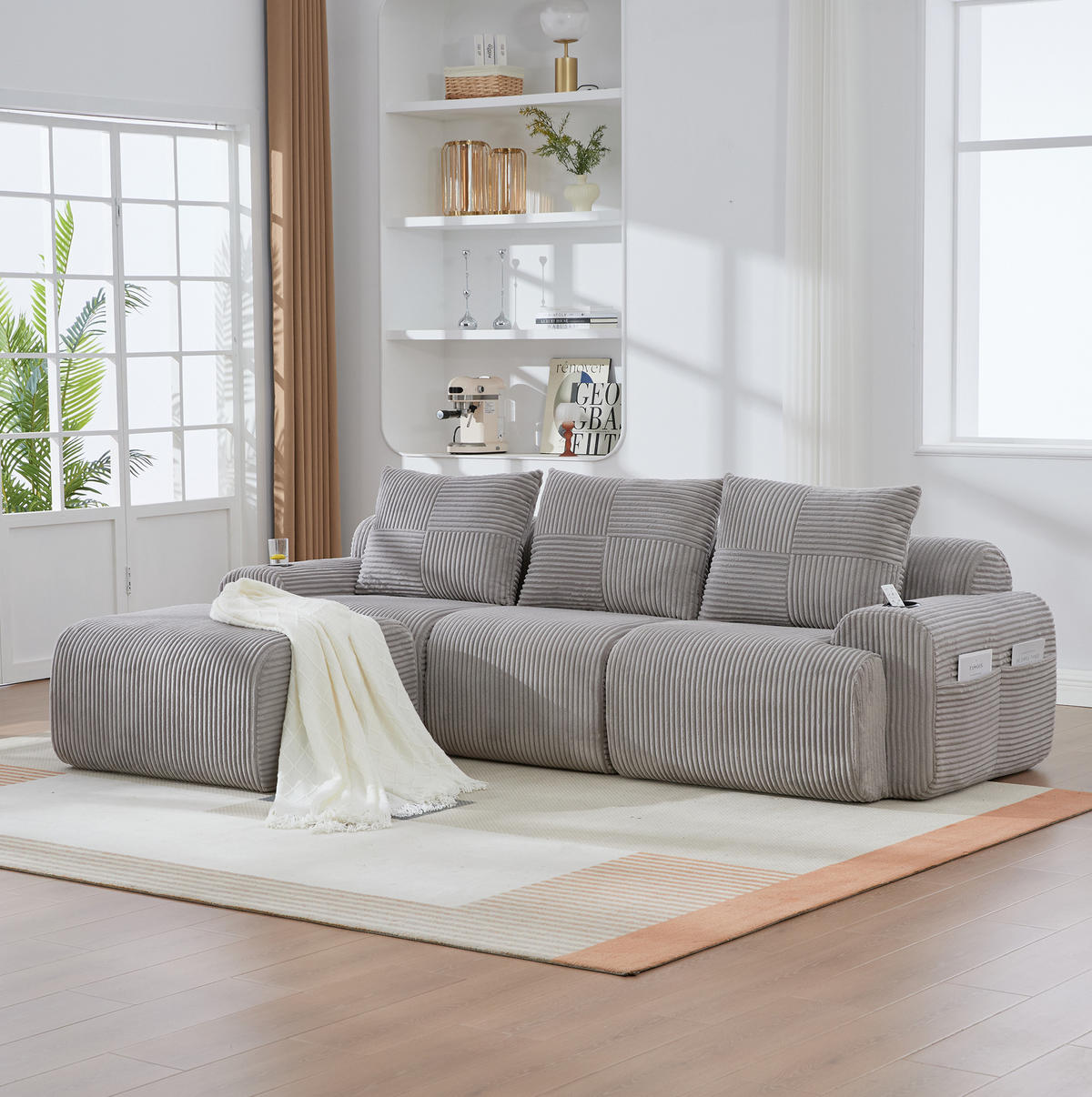 SOFA modular 3-Sitzer 268 x 174 cm Cord Hellgrau mit Hockern - Hellgrau, Kunststoff (174/268cm) - Meubliv