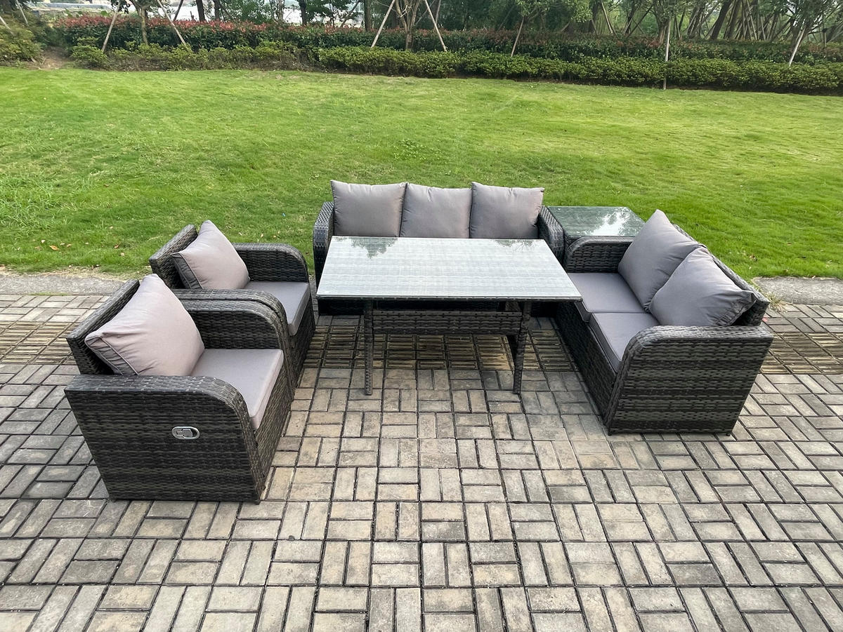 Gartenmöbelset mit Esstisch,3-Sitzer Sofa,Beistelltisch Polyrattan Dunkelgrau 7-Sitzer - Dunkelgrau/Grau, Glas/Kunststoff - Fimous