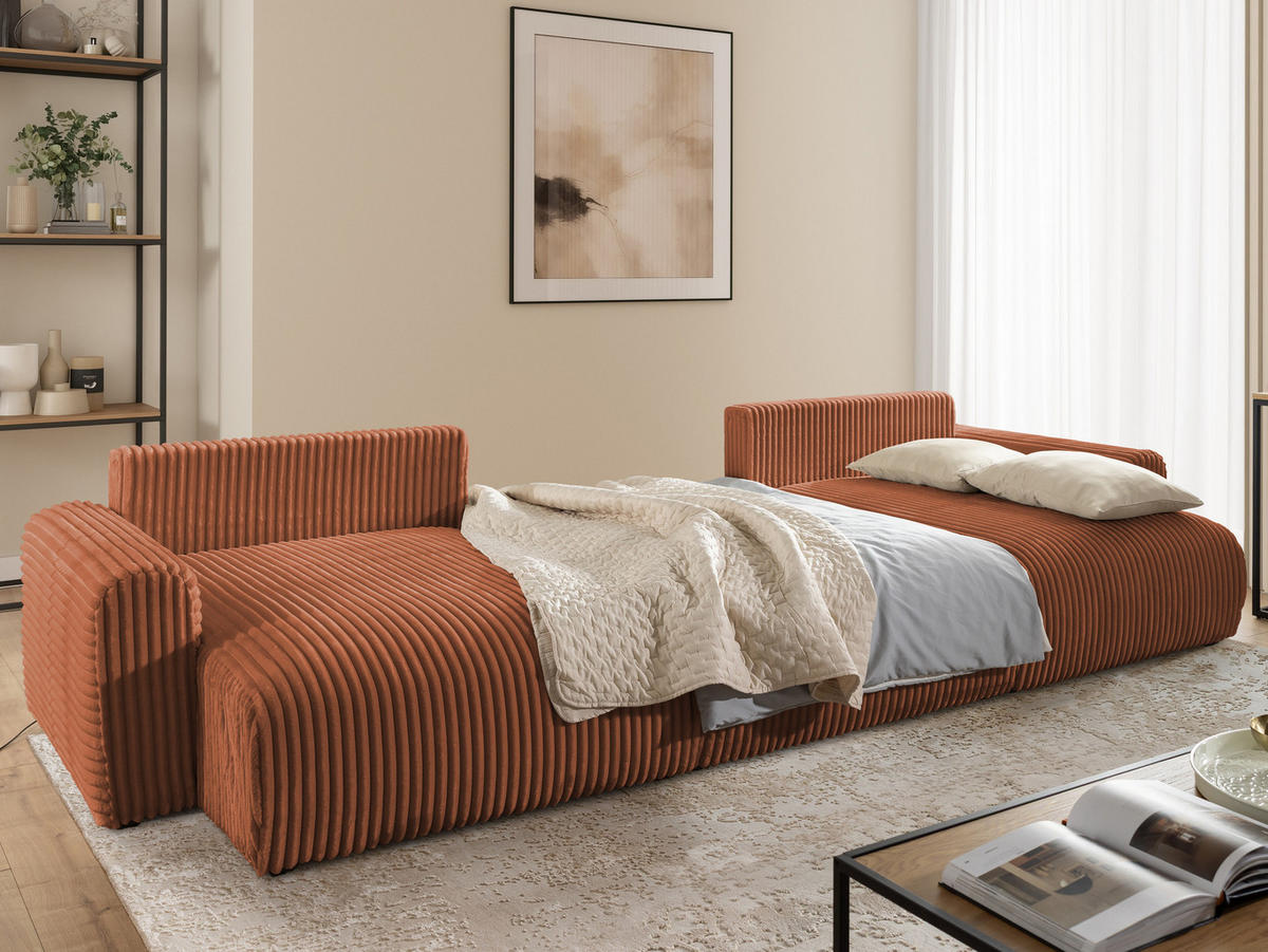 WOHNLANDSCHAFT Calma mit Schlaffunktion und Bettkasten im Bumpy-Design aus weichem Terrakotta Plüschcord - Beige/Terracotta, Holz/Textil (336/88/140cm) - S-Style