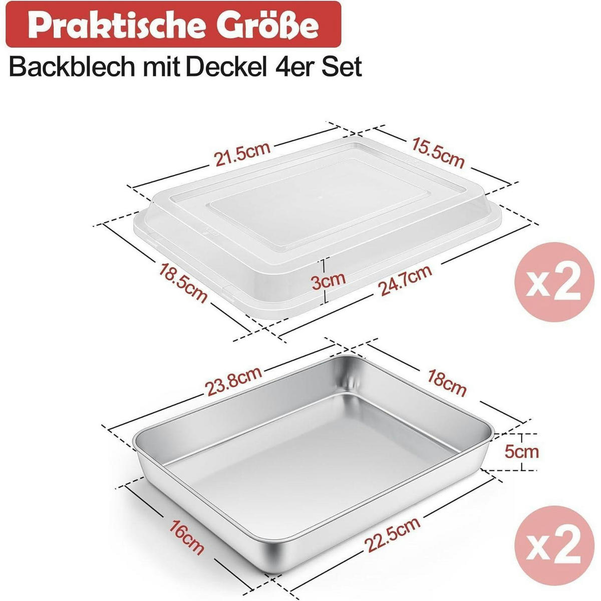 BACKBLECH 4-teiliges Set mit Deckel 23.8 x 18 x 5 cm - Transparent, Metall (18/5/23.8cm)
