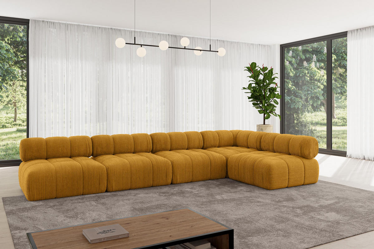 ECKSOFA modulares Sofa Samaro-L3 - 380x190x70 cm Senfgelb Cord - Currygelb, Holzwerkstoff/Textil (380/190cm) - ALTDECOR