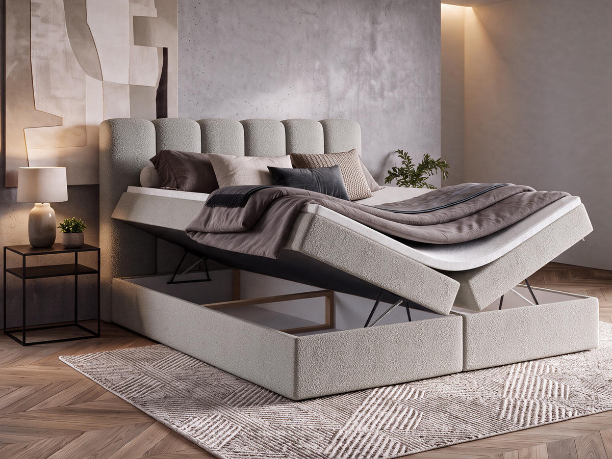 BOXBET NOLARO 160x200 cm Komplett-Set mit Bettkasten, Bonell-Matratze und Topper, Bouclé Hellgrau - Hellgrau, Textil (160/200cm) - Luxkor24