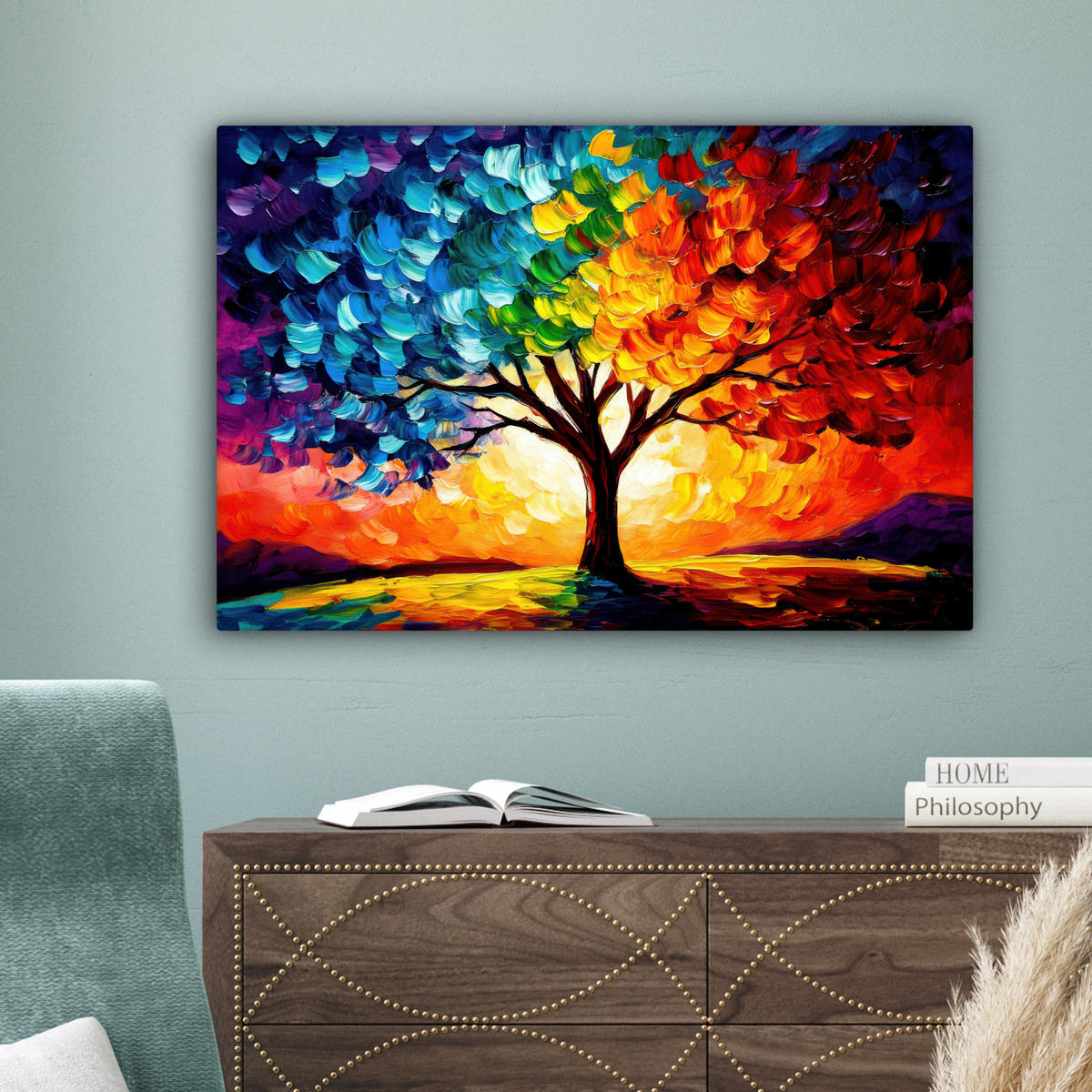 LEINWANDBILD - Baum - Kunst - Natur - Sonnenuntergang - 90x60 - Deko Wohnzimmer - Multicolor, Textil (90/60cm) - MuchoWow
