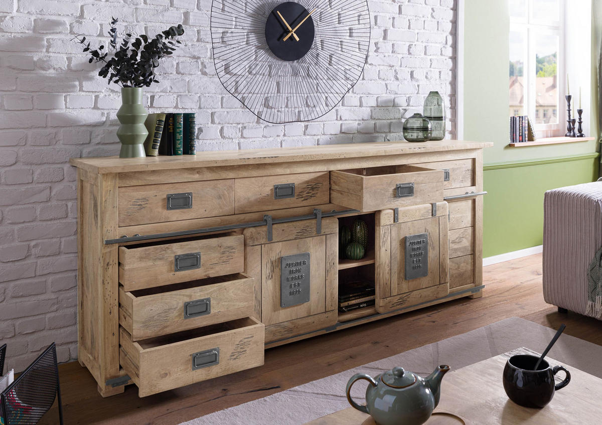 SIDEBOARD Mango 220x45x90 whitewash lackiert RAILWAY #392 - Beige, Holz (220/90/45cm) - Massivmoebel24