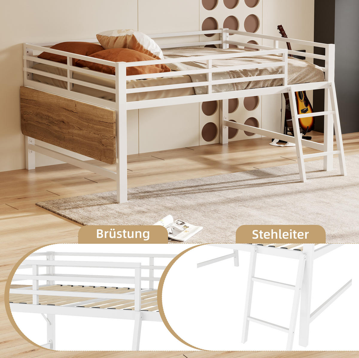 HOCHBETT 140/200 cm aus Metall mit Schreibtisch und LED-Beleuchtung in Weiß - Weiß, Metall (140/200cm) - Flora Grace