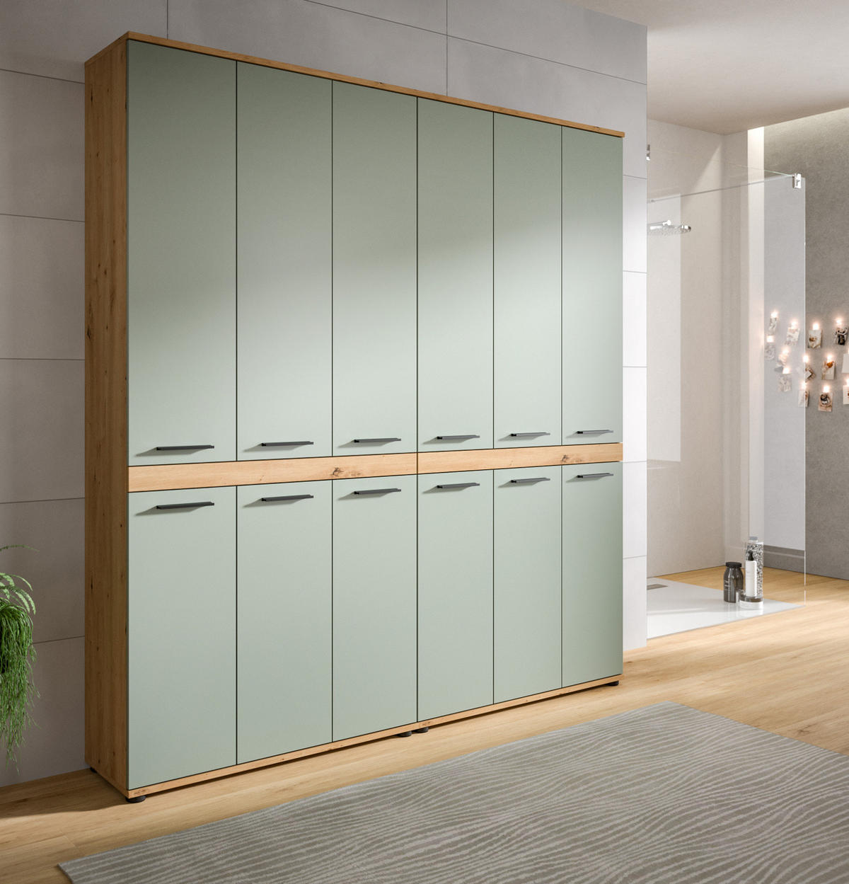 HOCHSCHRANK Salbei grün, Eiche Artisan 180 x 191 cm, XXL Mehrzweckschrank - Salbeigrün/Schwarz, Holzwerkstoff/Kunststoff (180/191/31cm) - Inn.Furn