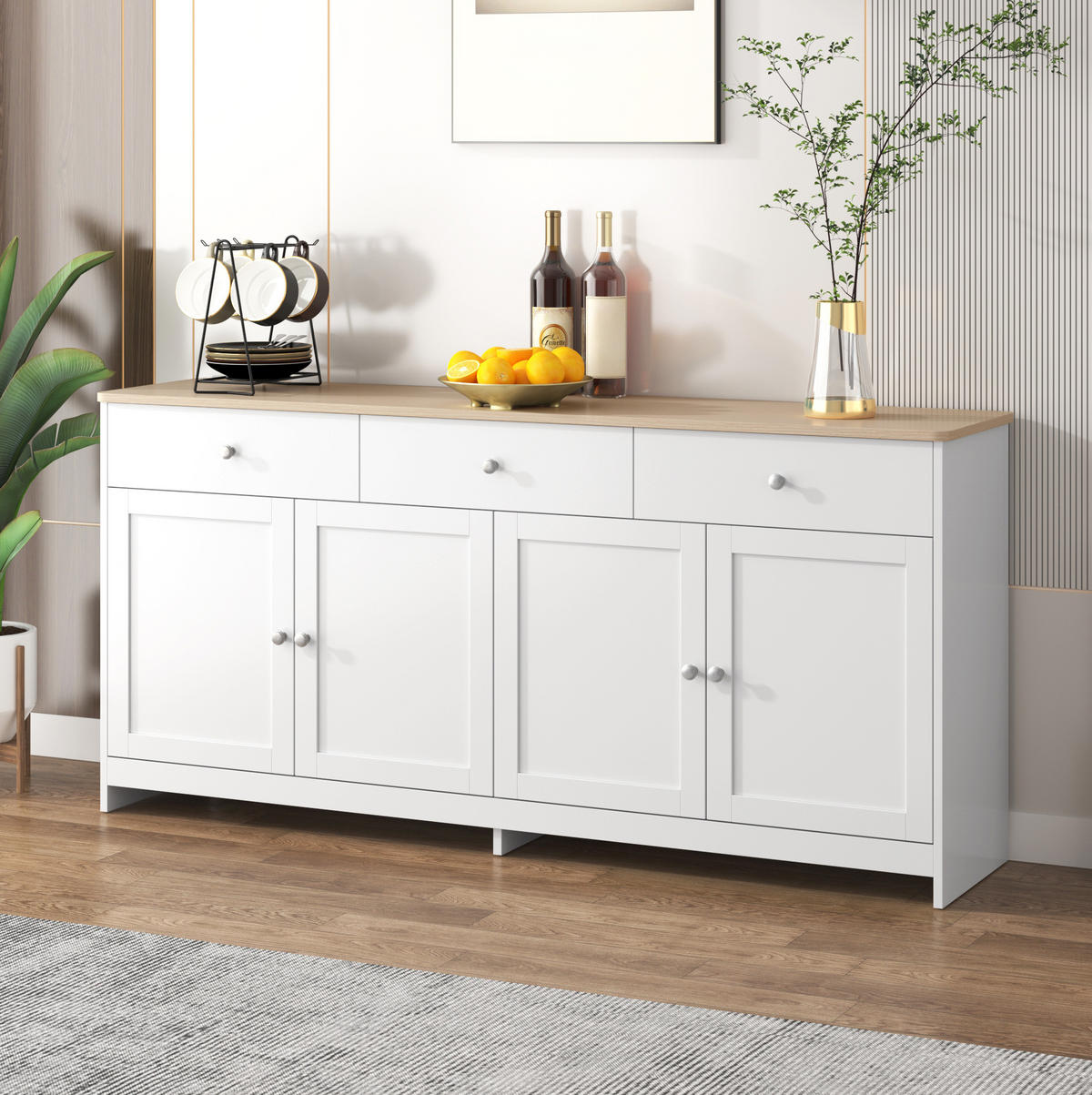 SIDEBOARD aus MDF 160x37x75 cm Weiß und Holzfarbe mit 3 Schubladen und verstellbaren Regalböden - Weiß, Holzwerkstoff (160/75/37cm) - IVMEU