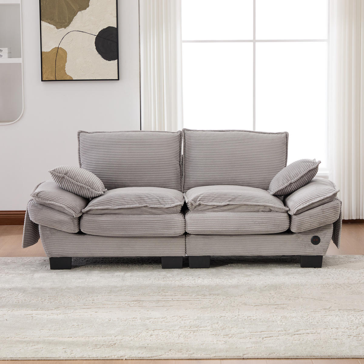 2-SITZER SOFA Cord Hellgrau mit USB-C und Seitentaschen - Hellgrau, Holzwerkstoff/Kunststoff (190/84/73cm) - WISHDOR