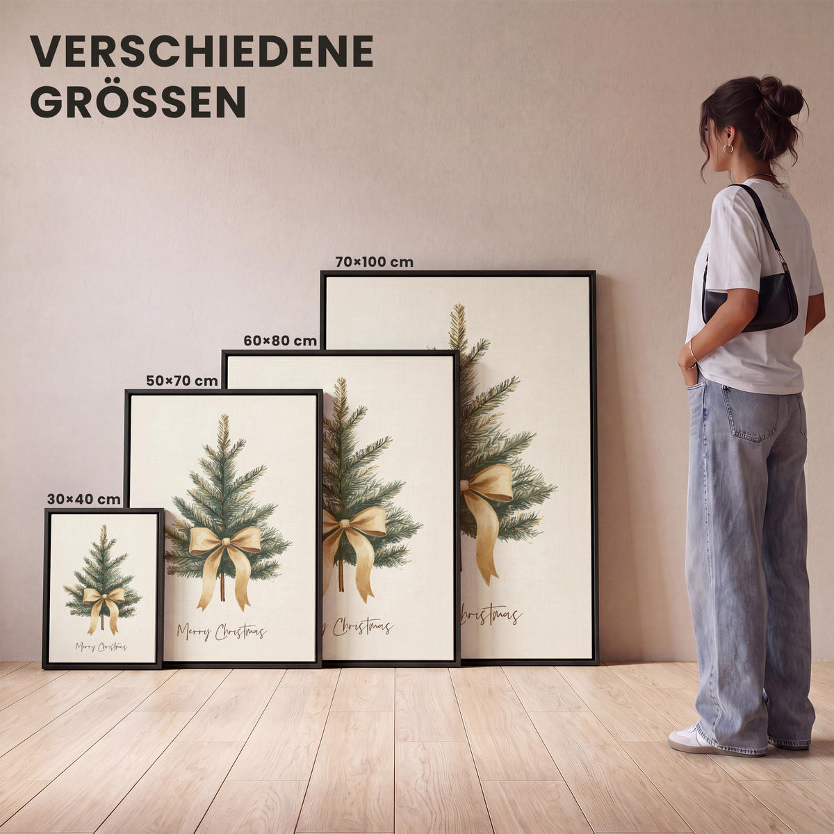 LEINWAND Bilder mit Rahmen - Weihnachtsbaum - Weihnachten - Frohe Weihnachten - Beige - 30x40 - Sandfarben, Textil (30/40cm) - MuchoWow