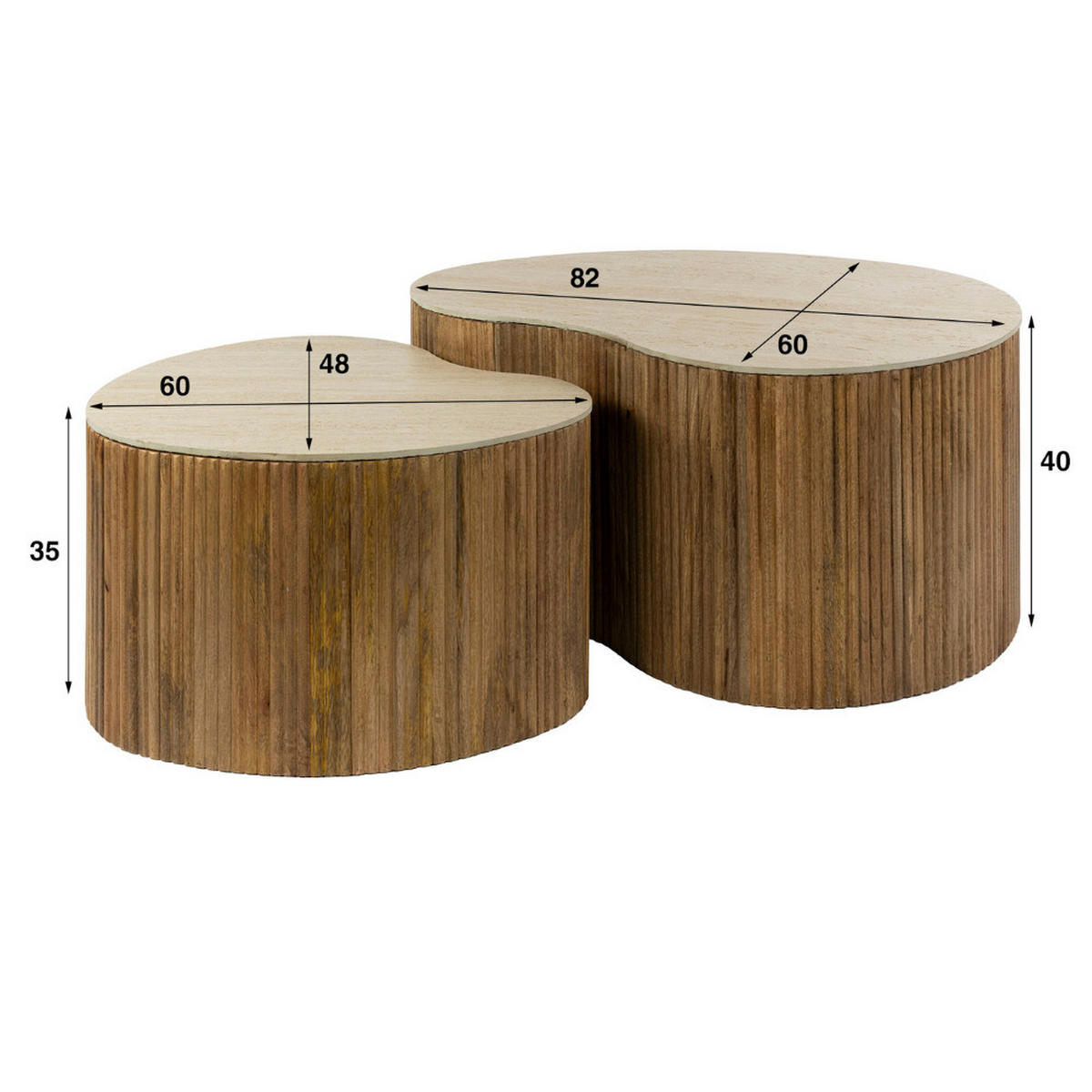 COUCHTISCH-SET EMILIO NUVOLA Nierenförmige Satztische mit Travertin-Keramik - Beige/Braun, Holz (60/82/40cm) - alesvelt